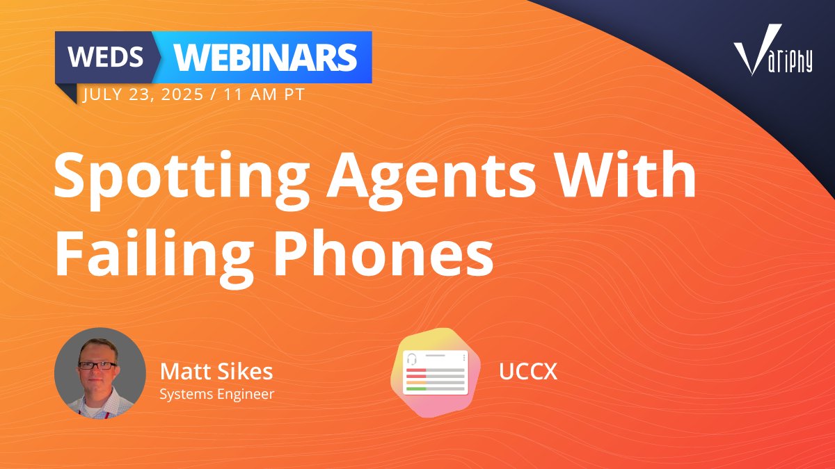Variphy's tweet image. Are failing phones hurting your contact center?

Join our webinar to learn how to spot problem devices in #CiscoUCCX and improve call reliability.

Register here:
variphy.com/webinars/uccx-…

#Webinar #UCCX #ContactCenter #UnifiedCommunications #CallReliability