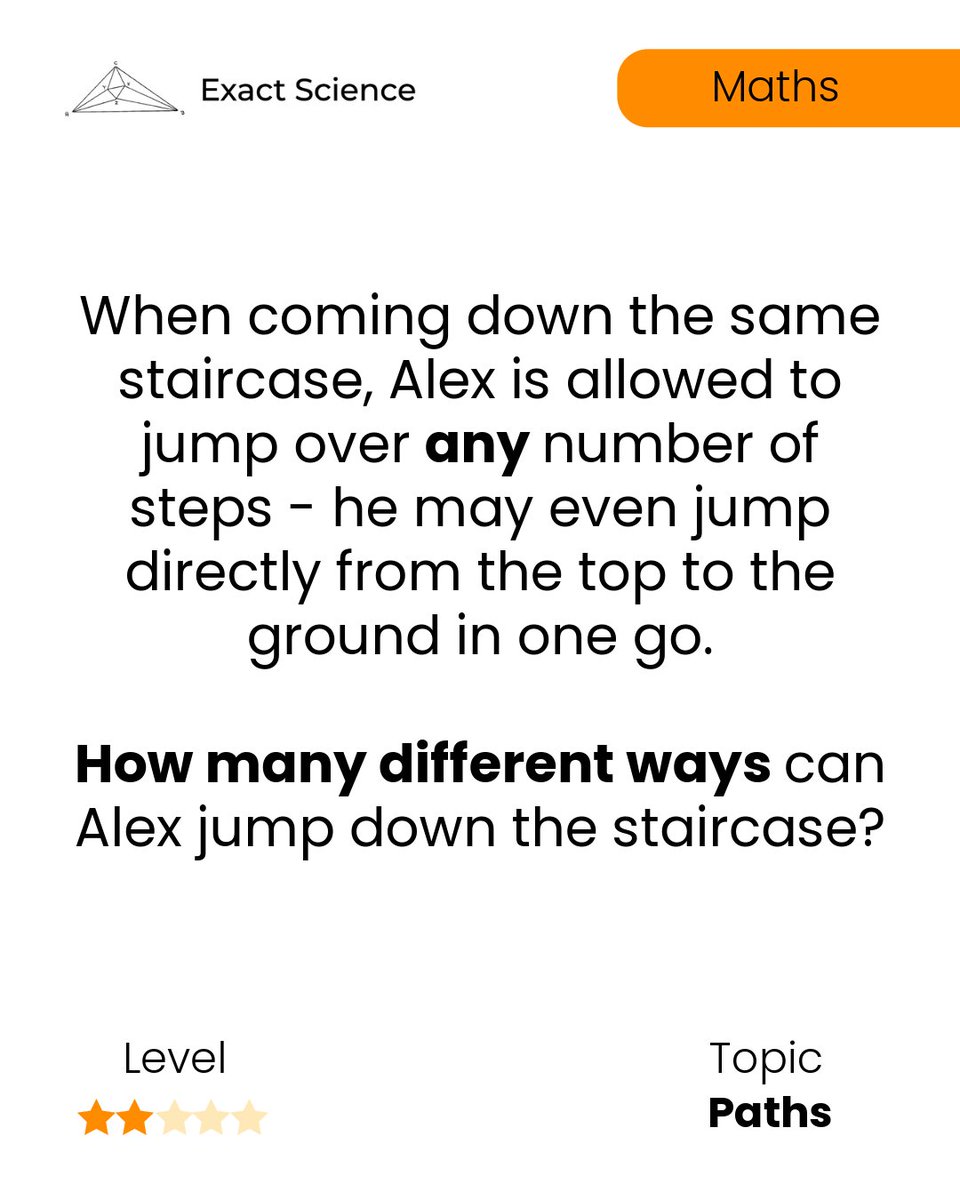 exscico's tweet photo. Problem of the Day #162
How many ways can you climb up - and leap down - a 10-step staircase? Try to approach this using the blend of recursion and combinatorics...
#ExactScience #ProblemOfTheDay #MathChallenge #StaircaseMath #OlympiadPrep https://t.co/D0GQB7jKvN