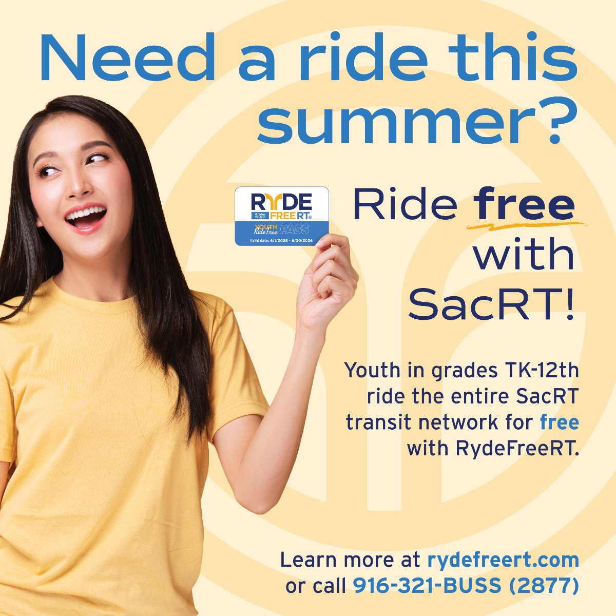 RideSacRT's tweet image. Students, need a ride this summer? Ride SacRT for free with RydeFreeRT, the fare-free transit program for students/youth in grades TK-12th. New cards are available at SacRT's customer service building, located at 1225 R Street, adjacent to the 13th street light rail station.…