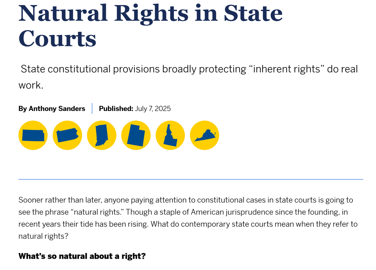 In the <a href="/BrennanCenter/">Brennan Center</a>'s State Court Report I outline what "natural rights" are in state constitutional law &amp; then review some recent action in that area. Natural rights go by other names, such as "inherent" or "unalienable" &amp; often they're enumerated too. 1/2