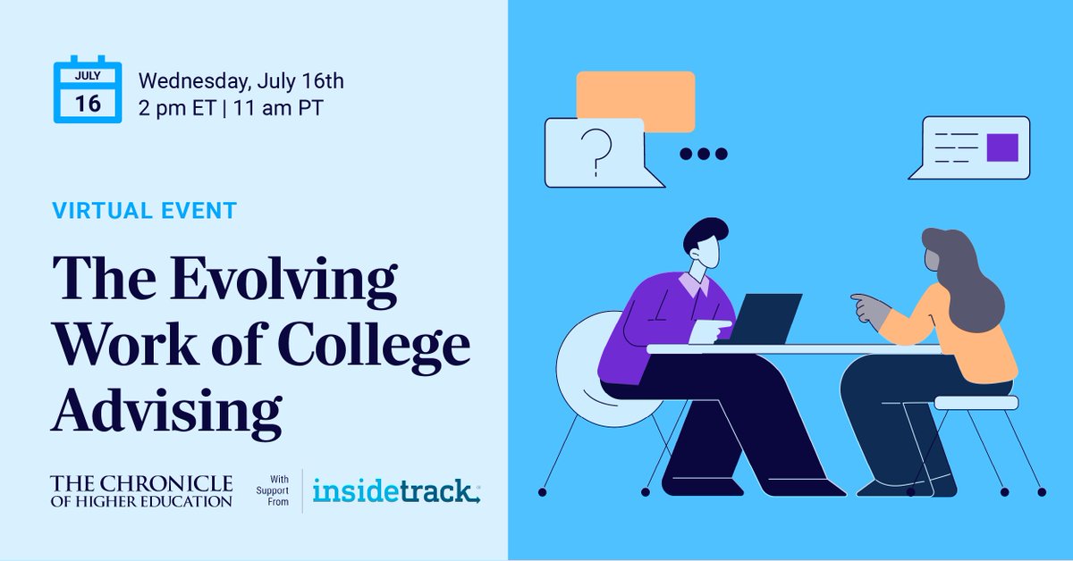 InsideTrack (@insidetrack) on Twitter photo College advising is evolving—and so are the expectations.
🎓 Join Ruth Bauer + a panel of experts July 16 for a virtual forum hosted by <a href="/chronicle/">The Chronicle of Higher Education</a>:
đź—Ł The Evolving Work of College Advising
đź•‘ 2PM ET
🔗 chronicle.com/events/virtual…
#HigherEd #StudentSuccess #AdvisingMatters College advising is evolving—and so are the expectations.
🎓 Join Ruth Bauer + a panel of experts July 16 for a virtual forum hosted by <a href="/chronicle/">The Chronicle of Higher Education</a>:
đź—Ł The Evolving Work of College Advising
đź•‘ 2PM ET
🔗 chronicle.com/events/virtual…
#HigherEd #StudentSuccess #AdvisingMatters