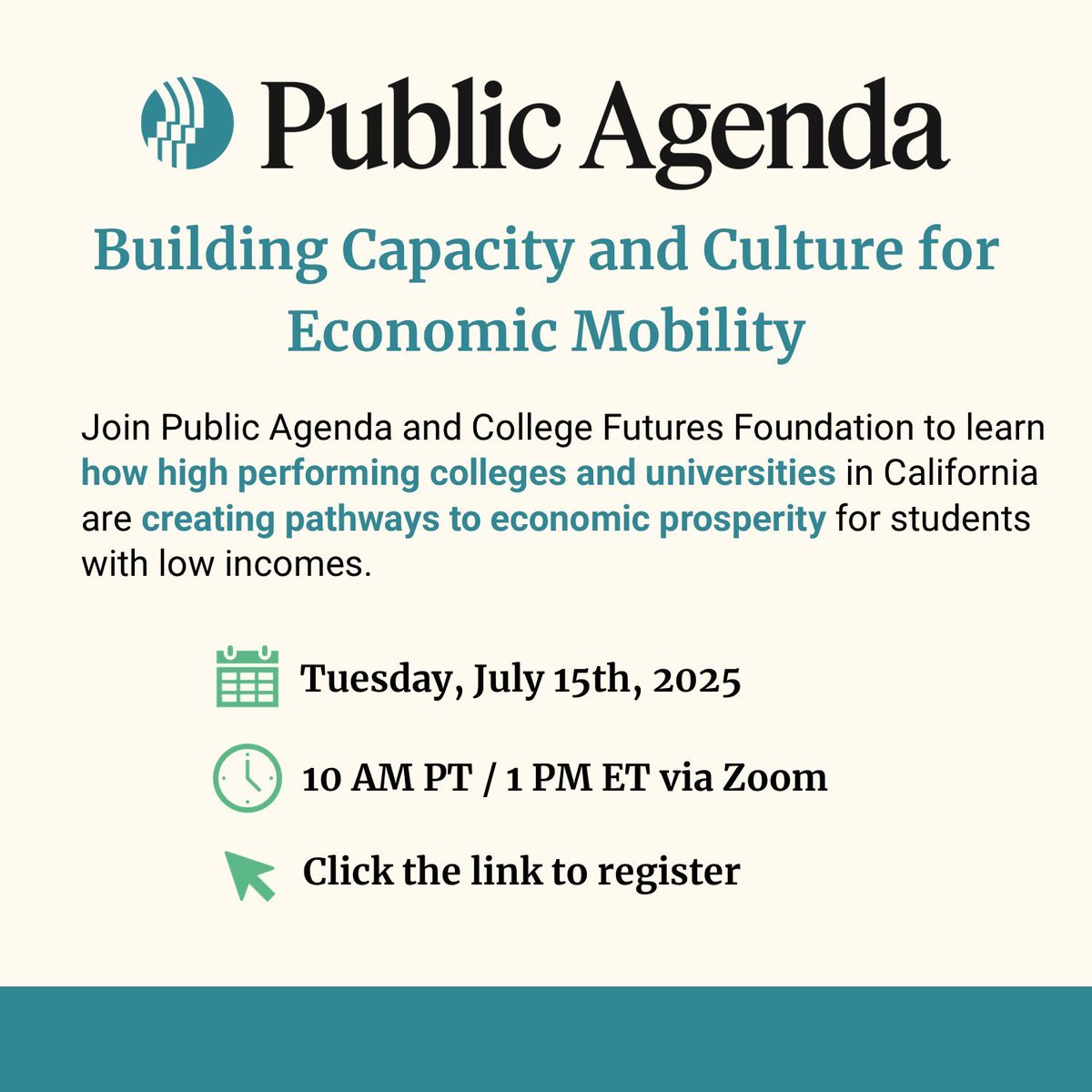 WEBINAR: Building Capacity &amp; Culture for Economic Mobility: July 15, 10AM PT/1PM ET. Register: bit.ly/44Pjn6t.  

Public Agenda, will spotlight 4 high-performing colleges &amp; universities creating pathways to #EconomicMobilityfor students experiencing financial challenges.