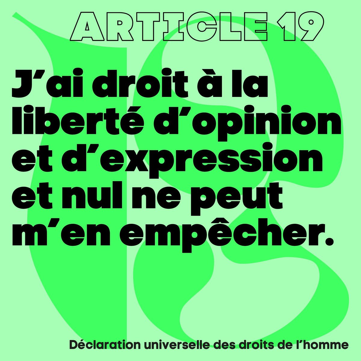 𝗝'𝗮𝗶 𝗹𝗲 𝗱𝗿𝗼𝗶𝘁 à la liberté d’opinion et d’expression et nul ne peut m’en empêcher.

𝗖𝗵𝗮𝗰𝘂𝗻 𝗮 𝗱𝗿𝗼𝗶𝘁 à tous les droits et libertés énoncés dans la Déclaration universelle des droits de l'homme, sans distinction d'aucune sorte❗️ 

#UN80