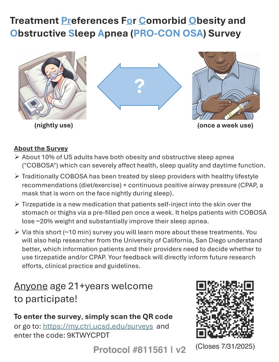 OAC (@obesityaction) on Twitter photo Living with obesity and sleep apnea? Researchers want to hear from you! Take a quick 10-minute survey to share your treatment preferences and help shape future care options.
📅 Survey closes July 31, 2025
🔗 my.ctri.ucsd.edu/surveys
🧾 Survey Code: 9KTWYCPDT Living with obesity and sleep apnea? Researchers want to hear from you! Take a quick 10-minute survey to share your treatment preferences and help shape future care options.
📅 Survey closes July 31, 2025
🔗 my.ctri.ucsd.edu/surveys
🧾 Survey Code: 9KTWYCPDT