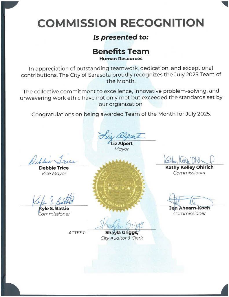 The City Commission recognized the HR Department’s Benefits Team as July Team of the Month in appreciation of their dedication to finding new ways to help City employees thrive.

Congratulations to Benefits Coordinator Kayla Nelson and Human Resource Specialist Fitzroy Hibbert!