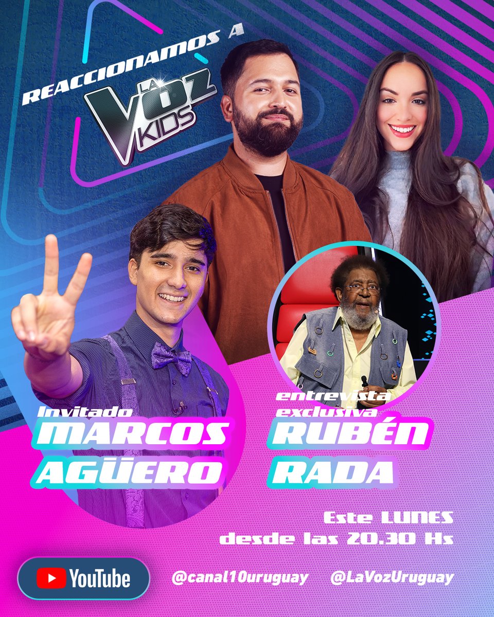 Canal 10 (@canal10uruguay) on Twitter photo ¡A partir de las 20:30 hs. reaccionamos a una nueva noche de Audiciones a Ciegas con Marcos Agüero! 🤩✌️🎤 ¡Y conversamos en la previa con <a href="/negrorada/">Ruben Rada</a>! 🎶👋🤩
Sumate a la transmisión en nuestro canal de YouTube. 🔗👉 youtube.com/watch?v=c2H3Ft…
#LaVozKidsUY | <a href="/Agustin_Gil/">Agustin Gil</a> ¡A partir de las 20:30 hs. reaccionamos a una nueva noche de Audiciones a Ciegas con Marcos Agüero! 🤩✌️🎤 ¡Y conversamos en la previa con <a href="/negrorada/">Ruben Rada</a>! 🎶👋🤩
Sumate a la transmisión en nuestro canal de YouTube. 🔗👉 youtube.com/watch?v=c2H3Ft…
#LaVozKidsUY | <a href="/Agustin_Gil/">Agustin Gil</a>