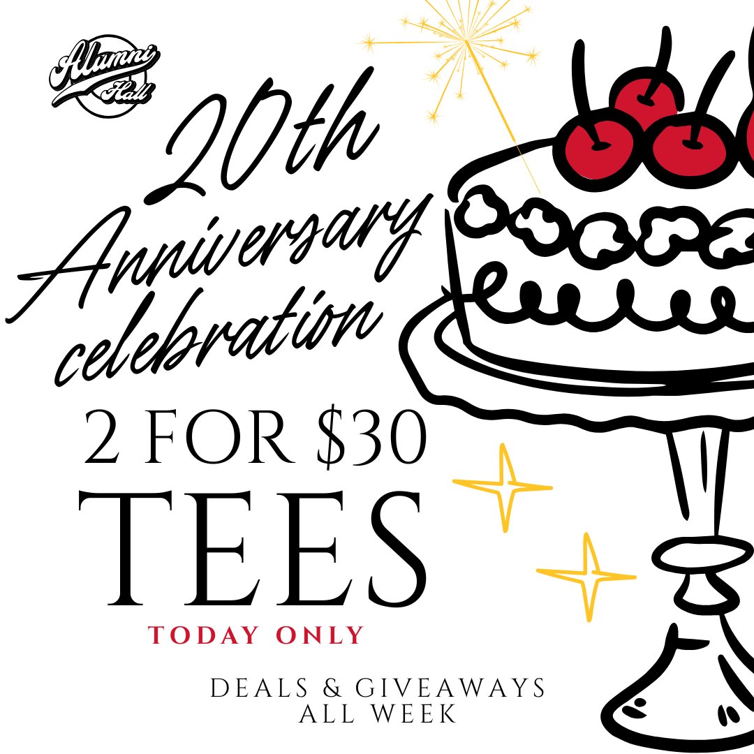 FINAL HOURS for 2 for $30 Champion tees! 🎂 Don't miss out on today's deal!
alumnihall.com