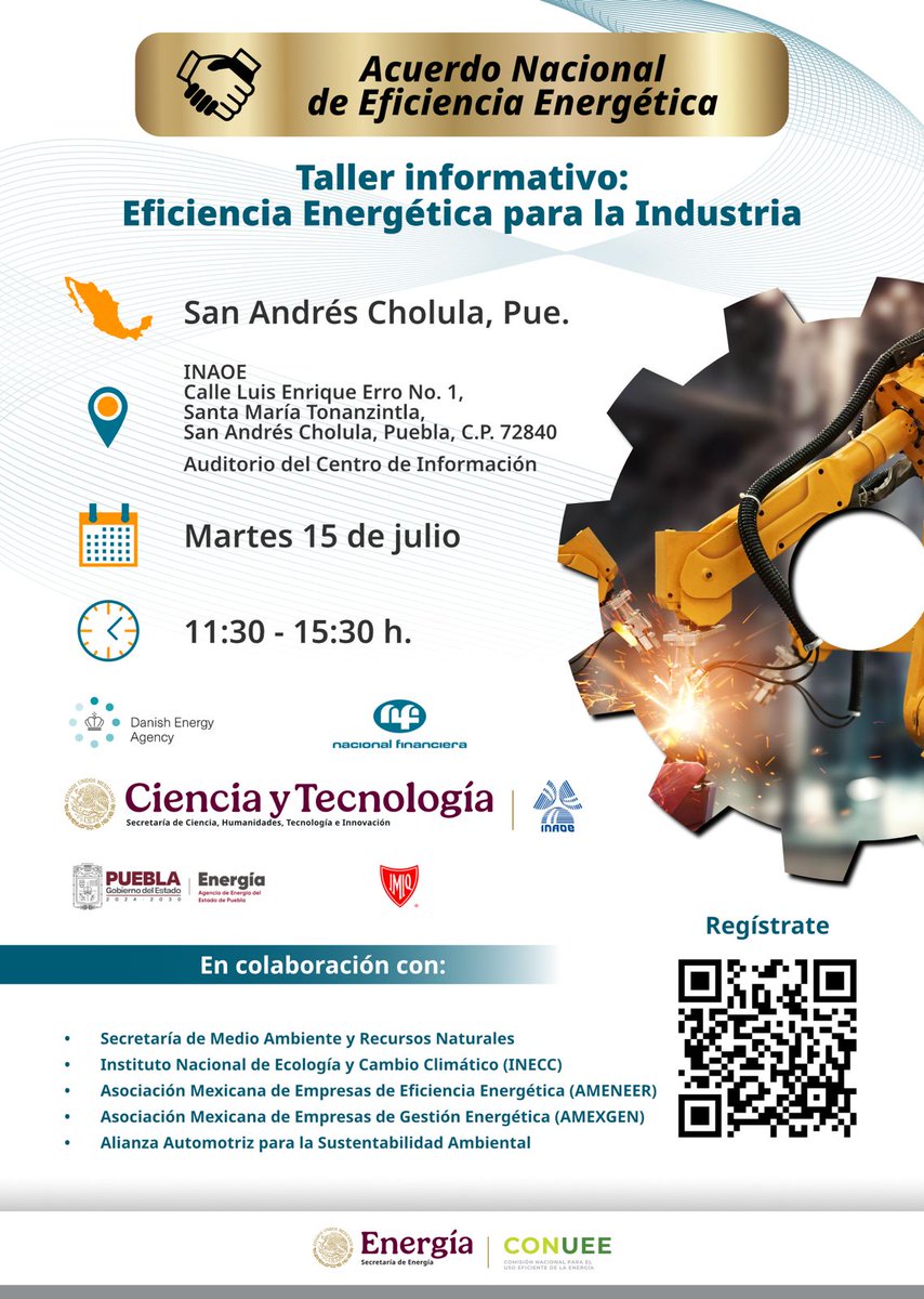 ¿Tienes o formas parte de una empresa en Puebla? La #Conuee te invita al taller de #EficienciaEnergética el 15 de julio. Conoce el Acuerdo Nacional de Eficiencia Energética #ANEE ¡Súmate y comienza a ahorrar energía!   
🟢Regístrate: docs.google.com/forms/d/e/1FAI…