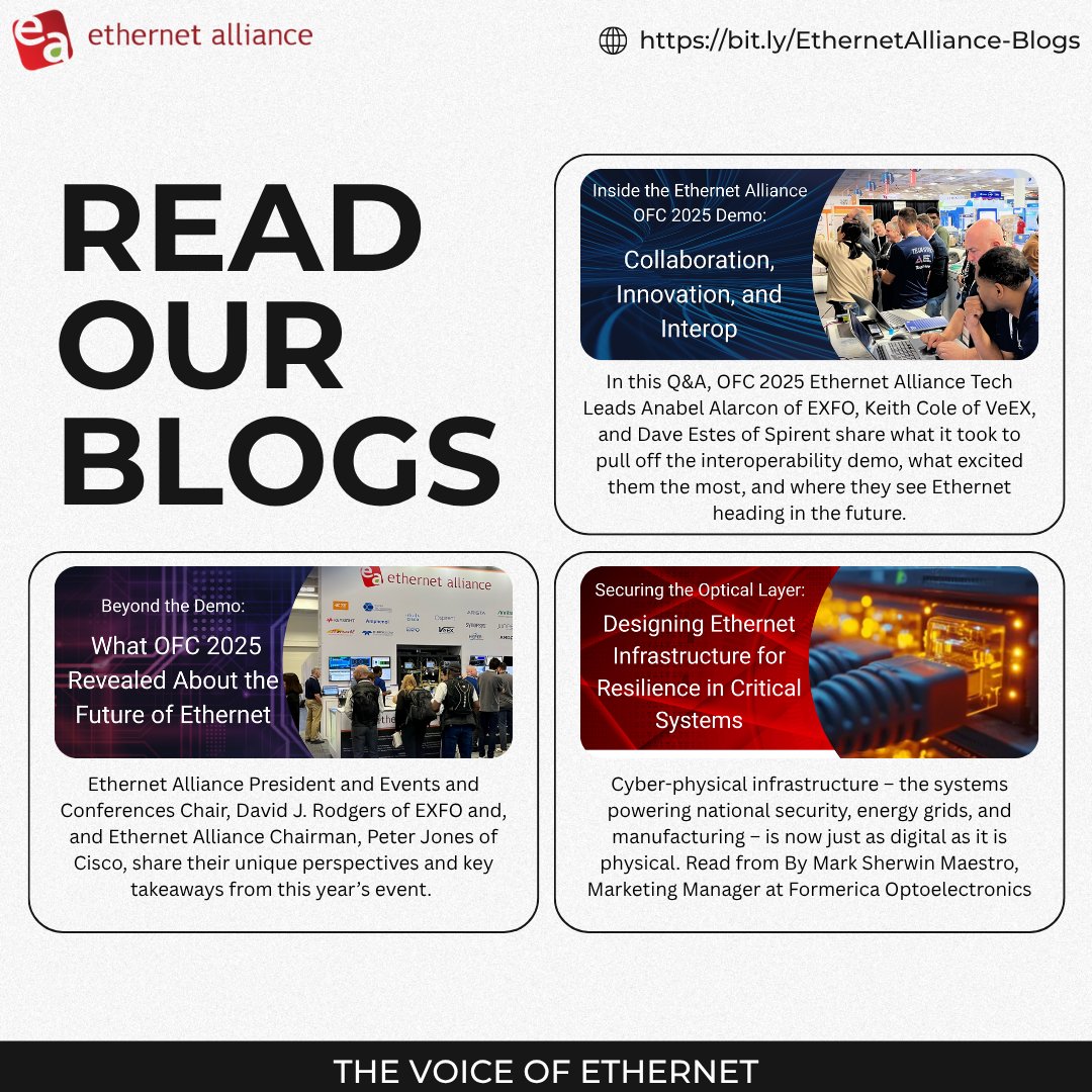 Ethernet Alliance (@ethernetallianc) on Twitter photo Check out the latest posts at the <a href="/EthernetAllianc/">Ethernet Alliance</a> #blog! We've got an #OFC2025 Q+A and insights from our tech leads, along with a guest blog from #Formerica. Take a look: bit.ly/EthernetAllian… #VoiceOfEthernet Check out the latest posts at the <a href="/EthernetAllianc/">Ethernet Alliance</a> #blog! We've got an #OFC2025 Q+A and insights from our tech leads, along with a guest blog from #Formerica. Take a look: bit.ly/EthernetAllian… #VoiceOfEthernet