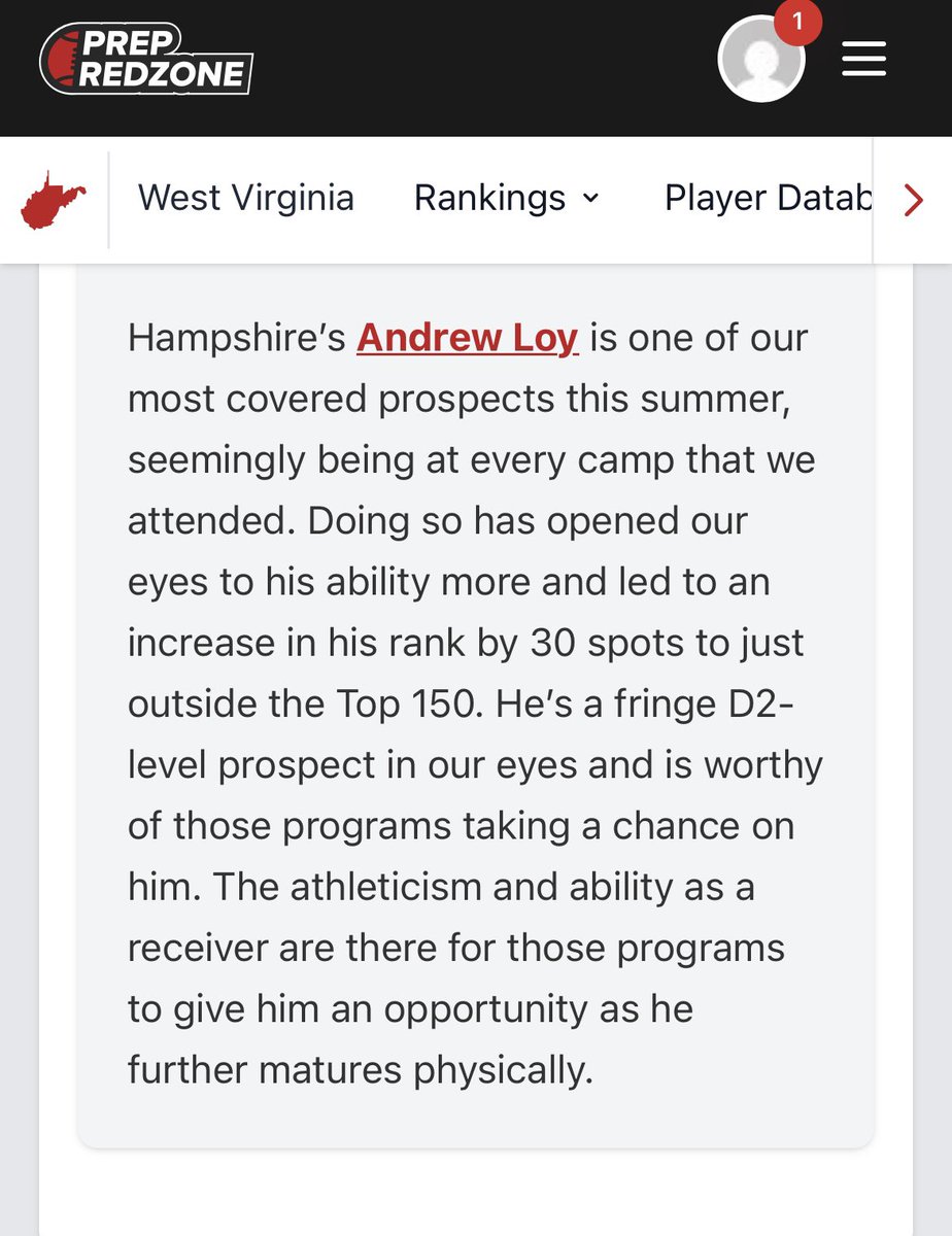 Andrew Loy (@andrewloy__2) on Twitter photo With the new article and thanks to <a href="/PrepRedzoneWV/">Prep Redzone West Virginia</a> I’m glad to say I’m top 25 as a receiver in the state, while also being ranked 162nd overall. I’m looking forward to moving up to that top 150 and push for the top 100 this coming season, while also trying to get inside that top With the new article and thanks to <a href="/PrepRedzoneWV/">Prep Redzone West Virginia</a> I’m glad to say I’m top 25 as a receiver in the state, while also being ranked 162nd overall. I’m looking forward to moving up to that top 150 and push for the top 100 this coming season, while also trying to get inside that top