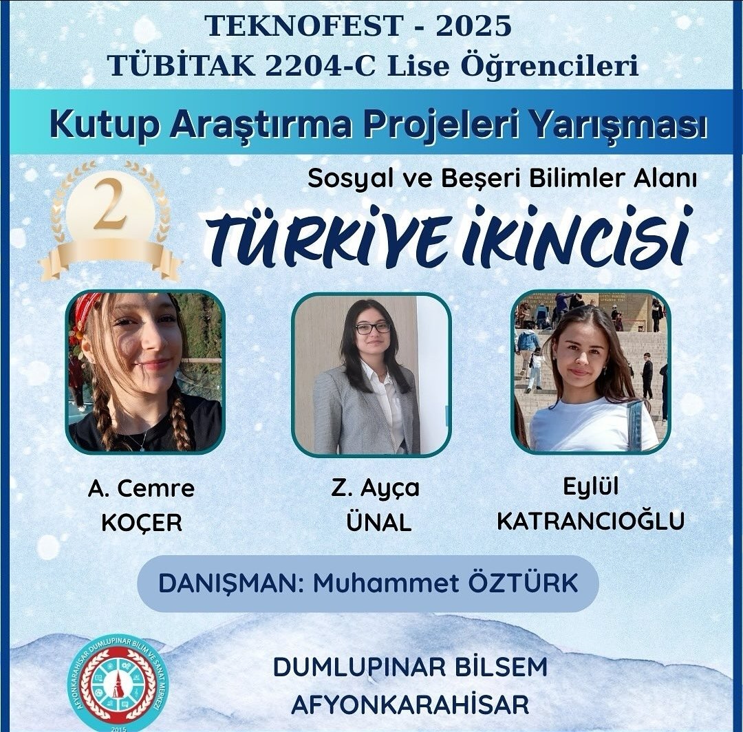 TEKNOFEST Kutup Arastirma Projeleri Yarismasi Sosyal ve Beseri Bilimler alaninda Türkiye Birinciligi ve İkinciliği derecesini sehrimize kazandirdigimiz icin mutlu ve gururluyuz.

<a href="/kubrayigitbasi/">Doç. Dr. Kübra Güran Yiğitbaşı</a> <a href="/AfyonValiligi/">T.C. Afyonkarahisar Valiliği</a> <a href="/afyonilmem/">Afyonkarahisar İl Milli Eğitim Müdürlüğü</a> <a href="/miracsunnetci/">Miraç Sünnetci</a> <a href="/dumlupinarbsm/">Afyonkarahisar Dumlupınar BİLSEM</a>