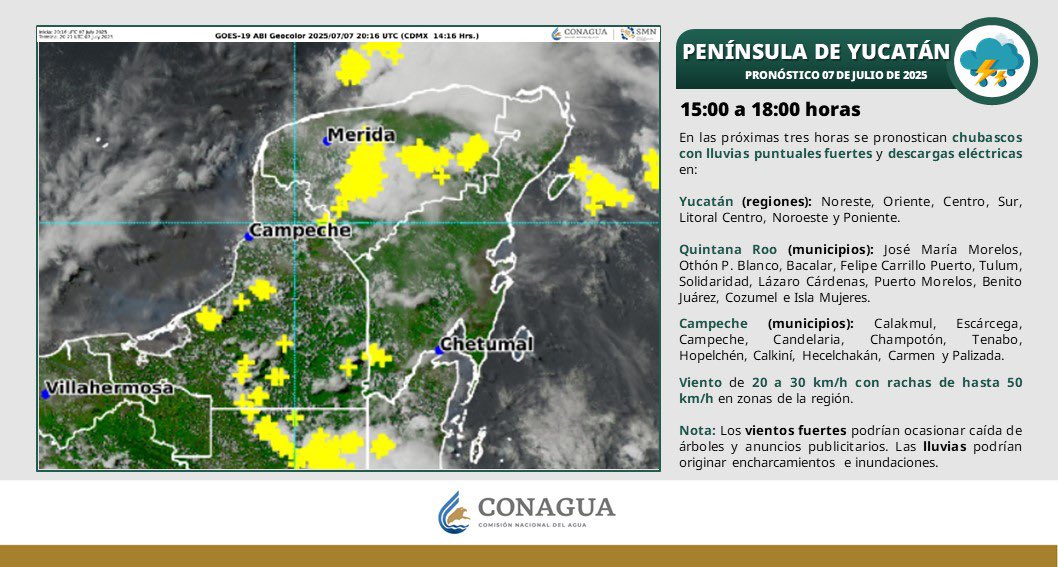 Mara Lezama (@maralezama) on Twitter photo ⛈️ ¡Quintanarroenses!
Continuarán los chubascos con lluvias puntuales fuertes y descargas eléctricas, así como 💨 vientos de 20 a 30 km/h con rachas de hasta 50 km/h en algunas zonas.
🚨 Toma precauciones y mantente informado a través de fuentes oficiales. <a href="/conagua_clima/">CONAGUA Clima</a> ⛈️ ¡Quintanarroenses!
Continuarán los chubascos con lluvias puntuales fuertes y descargas eléctricas, así como 💨 vientos de 20 a 30 km/h con rachas de hasta 50 km/h en algunas zonas.
🚨 Toma precauciones y mantente informado a través de fuentes oficiales. <a href="/conagua_clima/">CONAGUA Clima</a>