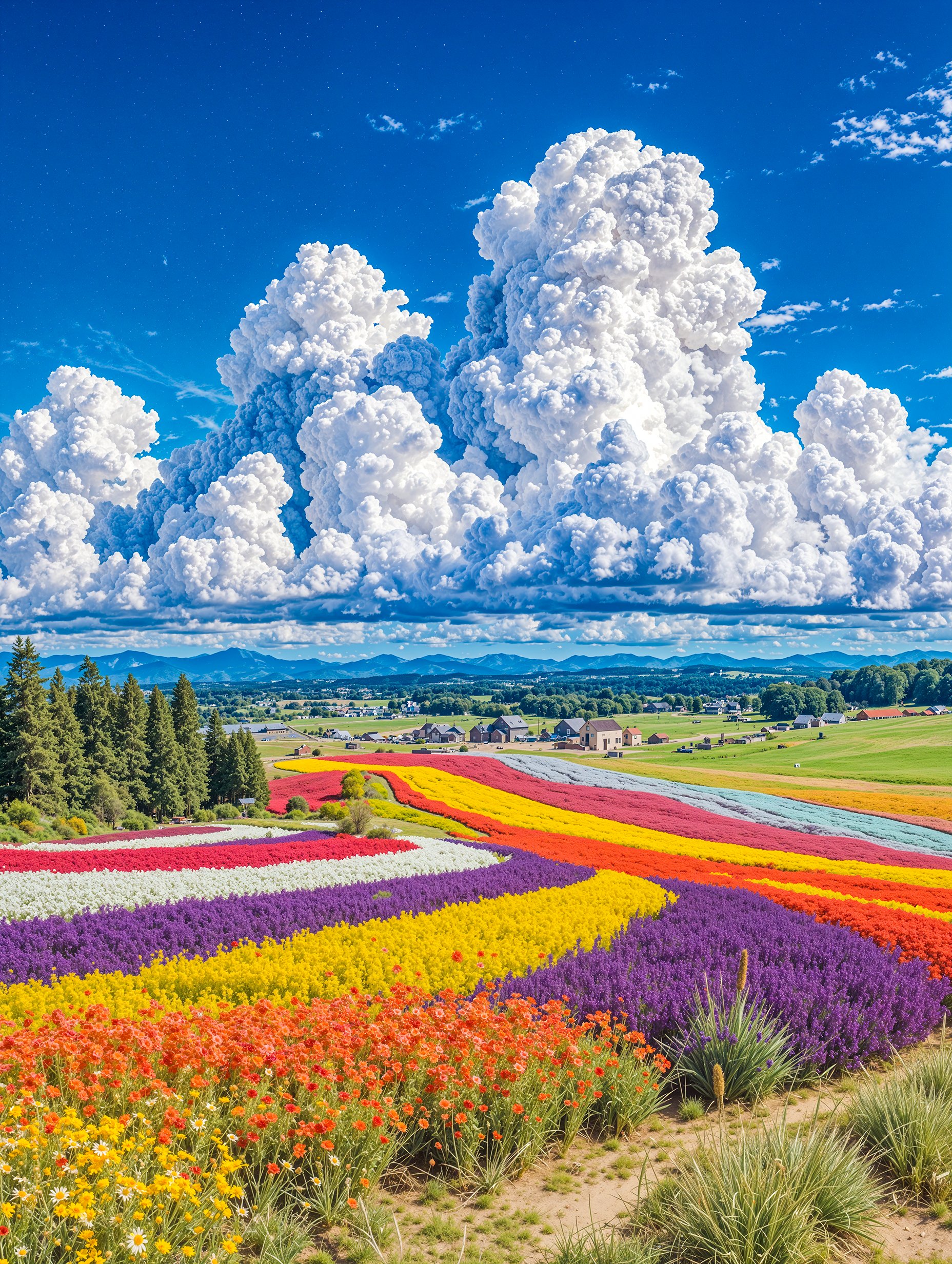 題「花咲く丘」（押し花アート）　 山と花畑の風景 花畑の風景の手描きの水彩画。花々が咲き乱れる風景画、コスモス