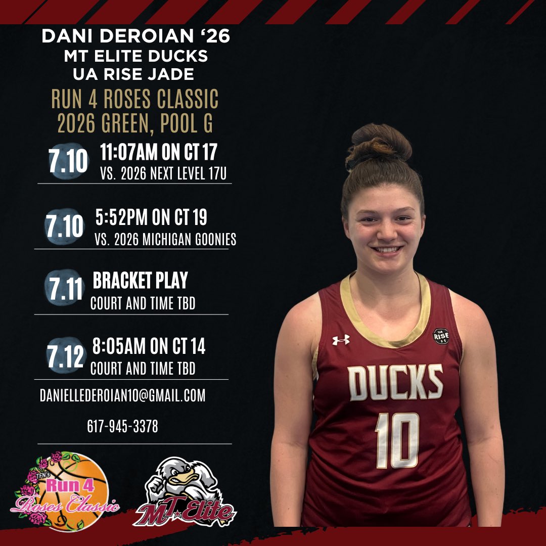 Dani Deroian (@dderoian78896) on Twitter photo I’m looking forward to playing at the Run 4 Roses Classic in KY this weekend with <a href="/MTEliteDucks/">MT Elite Ducks</a>! My schedule is below! <a href="/AllieScarpa/">Allie</a> <a href="/TimLopes9/">Coach Tim Lopes</a> <a href="/mdell74/">Matt DellaBarba</a> I’m looking forward to playing at the Run 4 Roses Classic in KY this weekend with <a href="/MTEliteDucks/">MT Elite Ducks</a>! My schedule is below! <a href="/AllieScarpa/">Allie</a> <a href="/TimLopes9/">Coach Tim Lopes</a> <a href="/mdell74/">Matt DellaBarba</a>