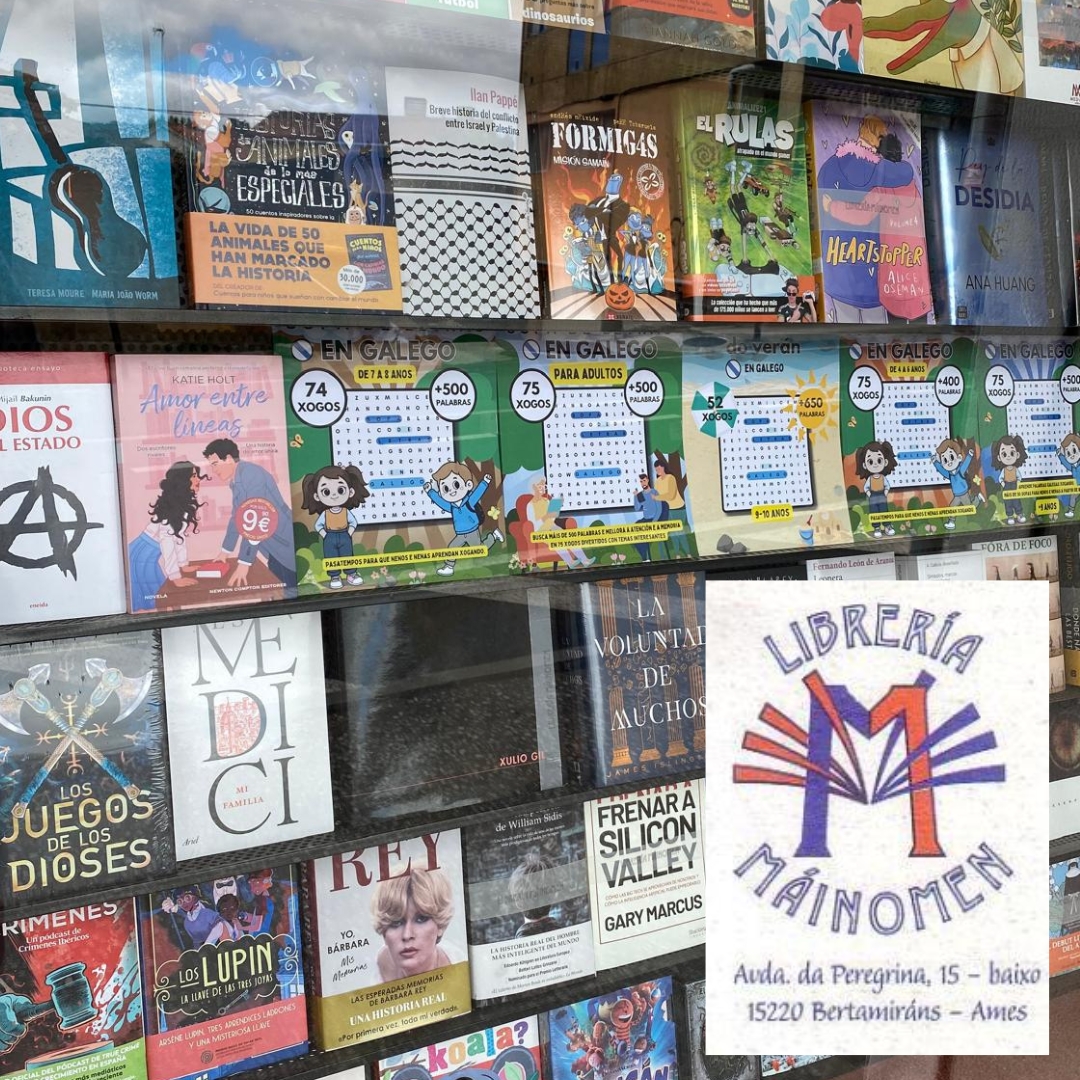 Agora tamén na #libreria Máinomen de #Bertamiráns #Ames
Que gusto ter esa presencia nun escaparate! 🥰🥰

A polo voso exemplar na  Av. da Peregrina, 15 👍

#acoruña #pasatempos #engalego #veran2025