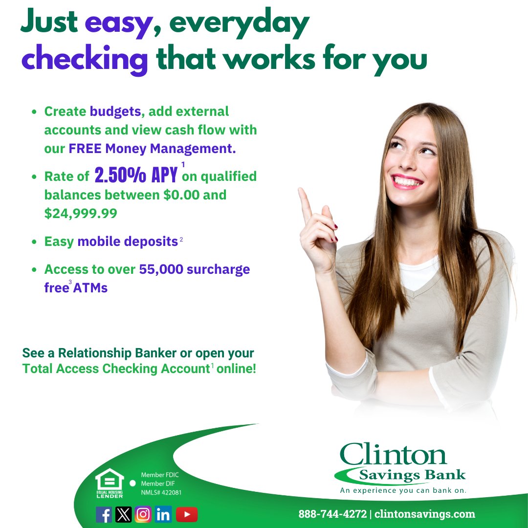 Total Access Checking gives you the means to do more with your money. Click here to learn more: bit.ly/3EQFD5B 

#TotalAccessChecking #EasyChecking #ClintonSavings