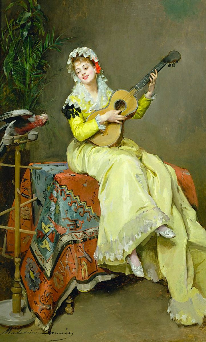 And the night shall be filled with music
And the cares, that infest the day,
Shall fold their tents, like the Arabs,
And as silently steal away.
        ~ Henry Wadsworth Longfellow, “The Day Is Done”

A Musical Moment by Madeleine Lemaire (c. 1900)