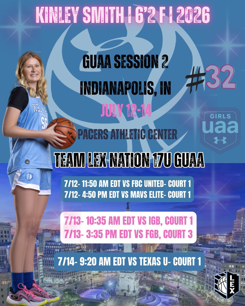 Kinley Smith (@kinleysmith2026) on Twitter photo Only a few more opportunities to watch us before the lives end! Come watch <a href="/TeamLexHoops/">Team Lex Basketball</a> compete this weekend. Excited to finish up strong and figure out where I’ll call home for the next 4️⃣ years.
<a href="/TeamLexHoops/">Team Lex Basketball</a>
<a href="/BasketballLone/">Gene Smith</a>
<a href="/UANextGHoops/">Girls UAA</a>
<a href="/CoachFParks/">Frankie Parks</a> Only a few more opportunities to watch us before the lives end! Come watch <a href="/TeamLexHoops/">Team Lex Basketball</a> compete this weekend. Excited to finish up strong and figure out where I’ll call home for the next 4️⃣ years.
<a href="/TeamLexHoops/">Team Lex Basketball</a>
<a href="/BasketballLone/">Gene Smith</a>
<a href="/UANextGHoops/">Girls UAA</a>
<a href="/CoachFParks/">Frankie Parks</a>