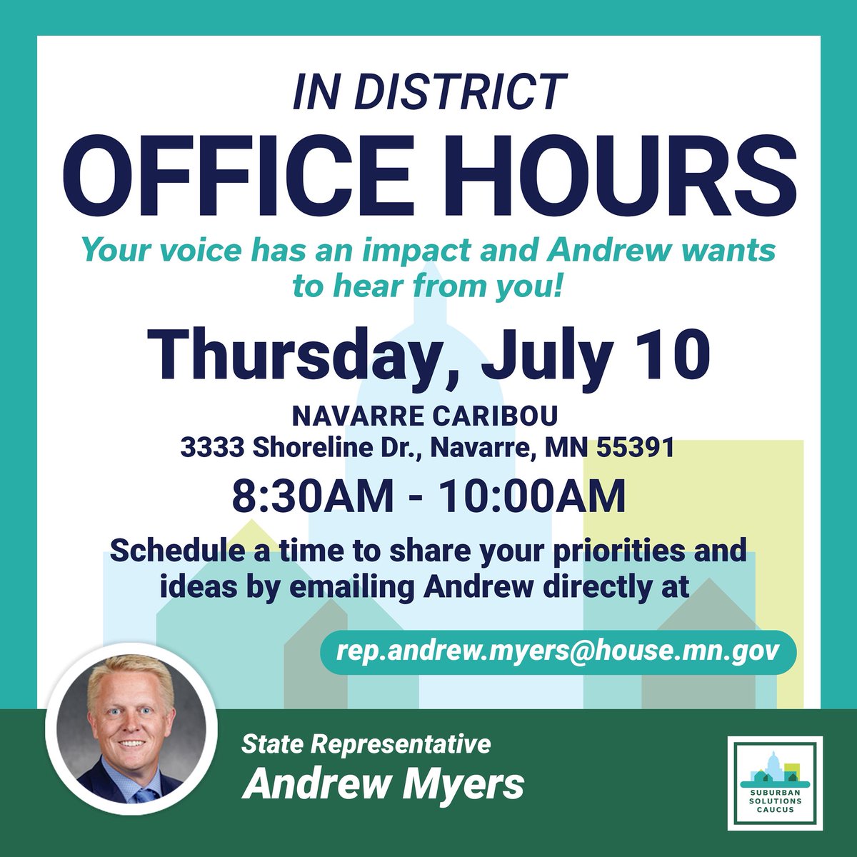 MyersVote's tweet image. Your voice has an impact. I will be holding in-district office hours this Thursday to listen and learn about your priorities. If you'd like to set up a meeting, please email me at Rep.Andrew.Myers@house.mn.gov.