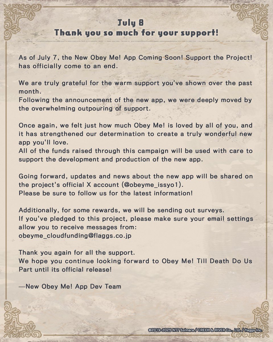 ObeyMeOfficial1's tweet image. 📢New App Announcement✨
Our crowdfunding campaign has ended—thank you for your amazing support! The dev team sends their heartfelt thanks.
From now on, all updates about the new app will be shared from @obeyme_issyo1
Be sure to follow us!
#ObeymeIDO