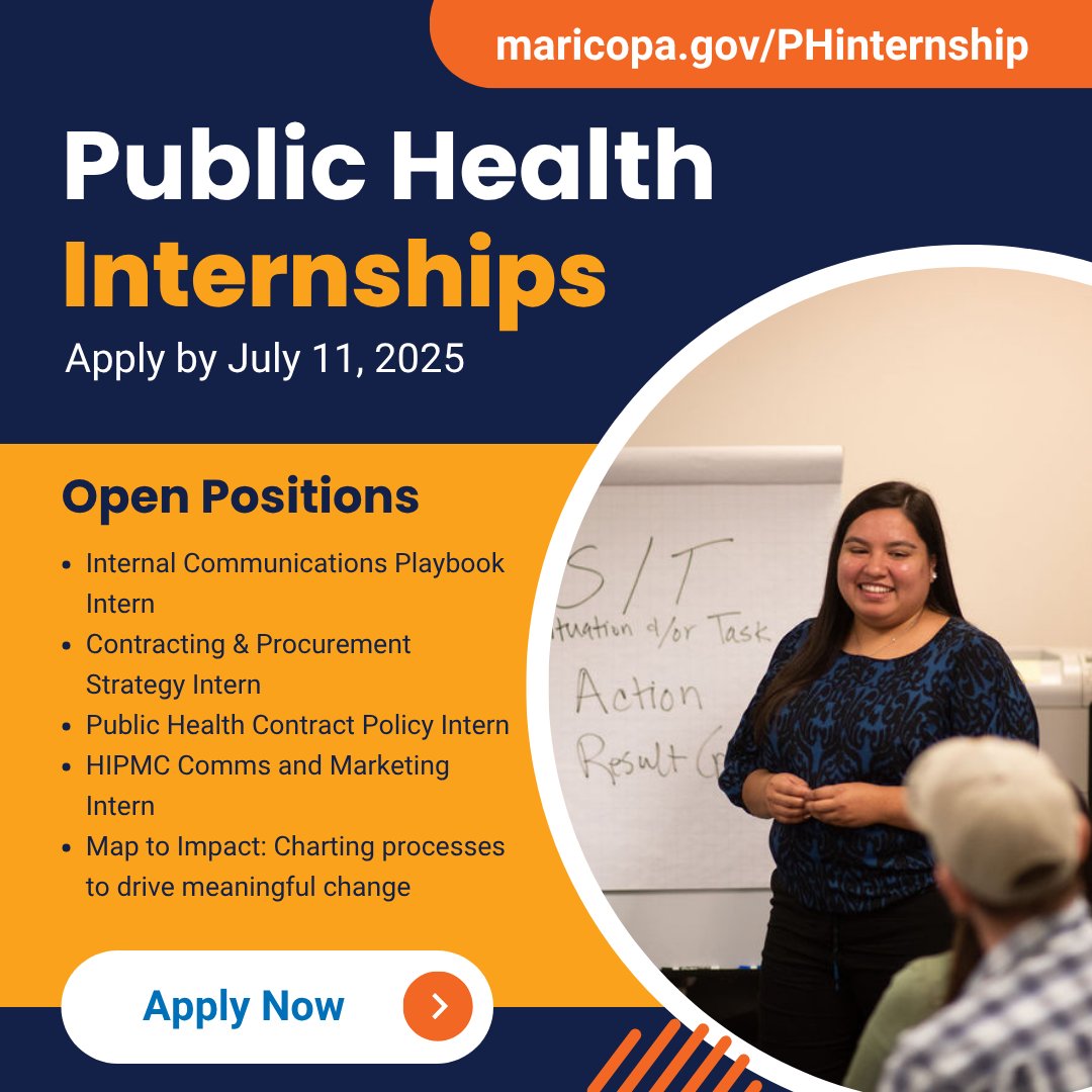Maricopahealth's tweet image. Know a college student ready to explore a career in public health?
Our Fall 2025 internships offer real-world experience and the chance to help their community thrive.
Applications are due Friday, July 11: maricopa.gov/PHinternship