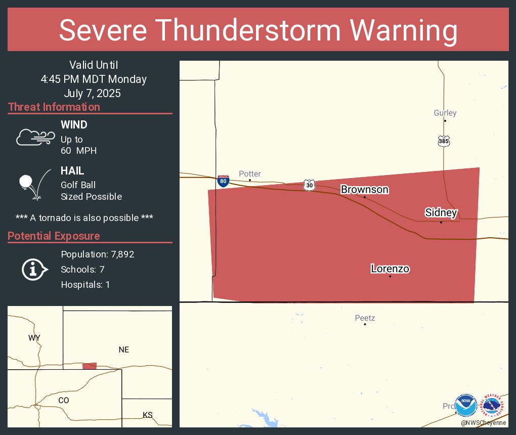 Severe Thunderstorm Warning continues for Sidney NE, Lorenzo NE and  Brownson NE until 4:45 PM MDT. This storm will contain golf ball sized hail!