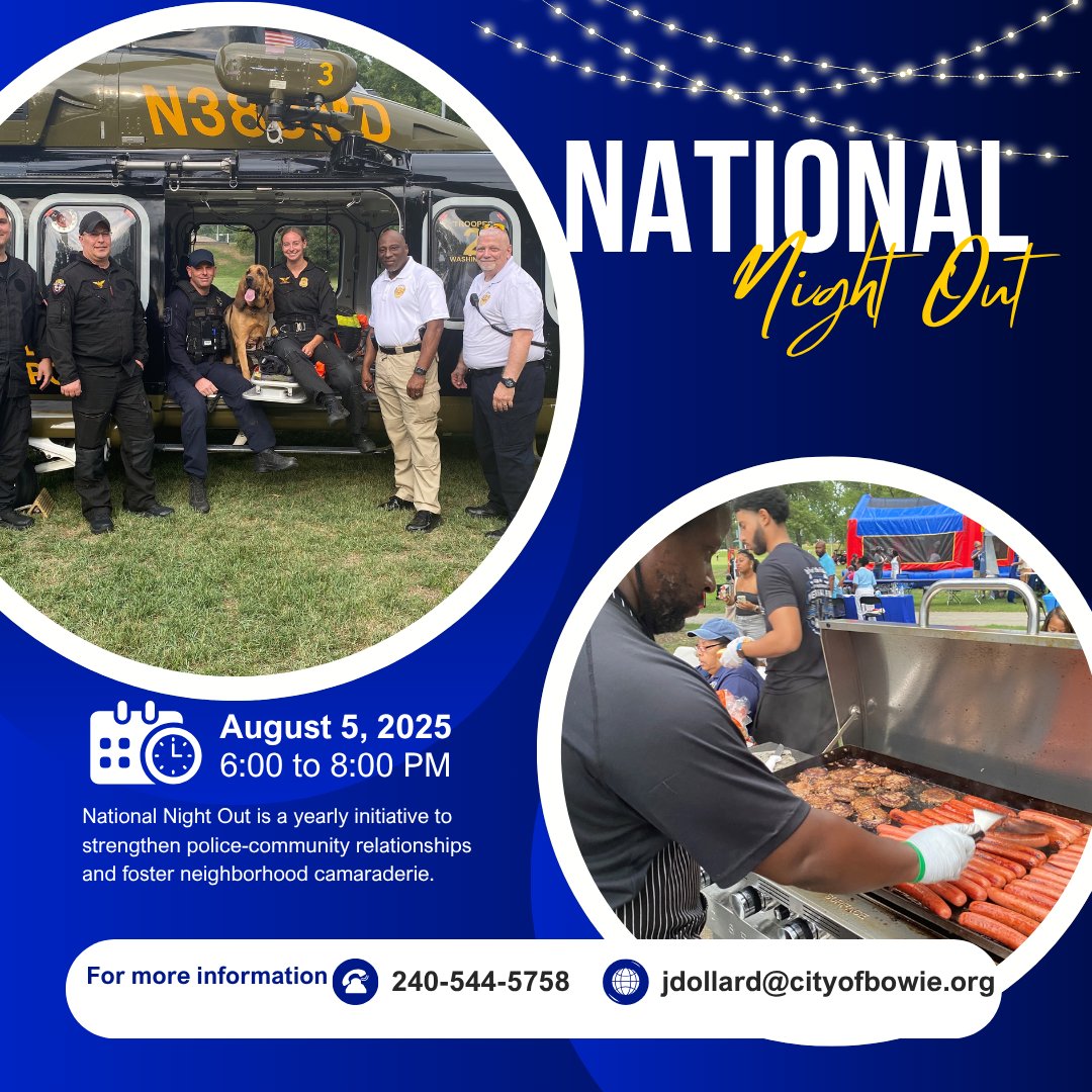 🔔Get ready for a fun evening! Mark your calendars for National Night Out on Tuesday, August 5, 2025, from 6:00 to 8:00 p.m. at Allen Pond Park. Join the Bowie Police Department for an enjoyable event featuring tasty food, energetic entertainment, and exciting prizes. 
Interested