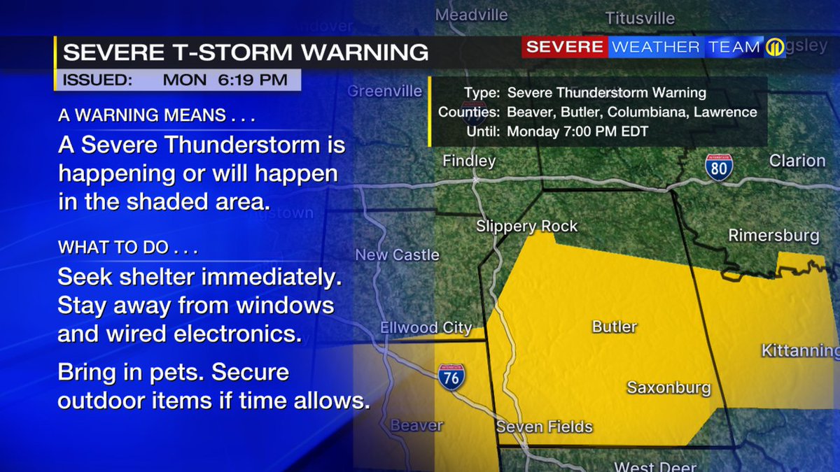 SEVERE THUNDERSTORM WARNING has been issued for the shaded portion of Butler county.  Take precautions now.

Interactive radar:  on.wpxi.com/radar
Download the FREE Severe Weather Team 11 App for alerts:  on.wpxi.com/app #WPXI #WPXIStorm #SevereWeather #PAWX