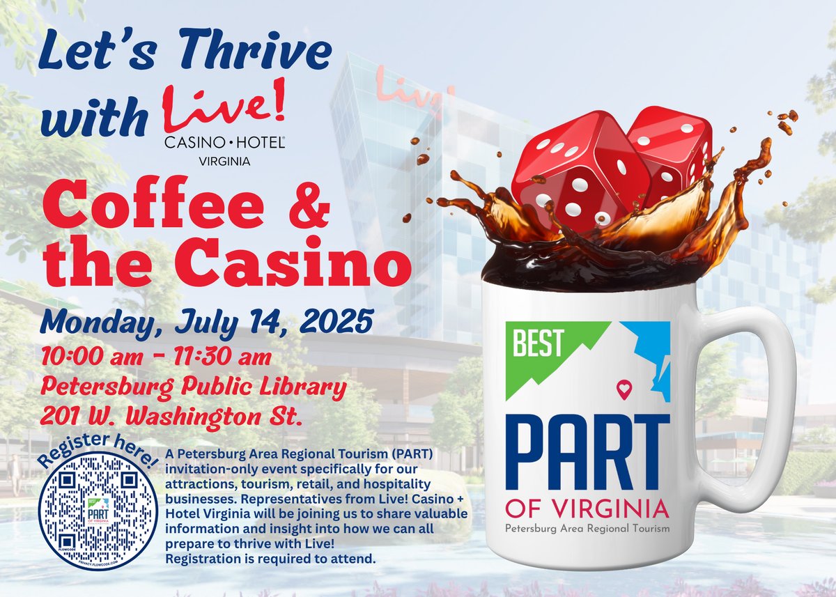 Petersburg Area Regional Tourism welcomes local hospitality businesses, retailers, and tourist attractions to "Coffee &amp; the Casino"—an informational event with the Live Casino &amp; Hotel Virginia team. Discover how this premier destination can help boost your business!
Petersburg