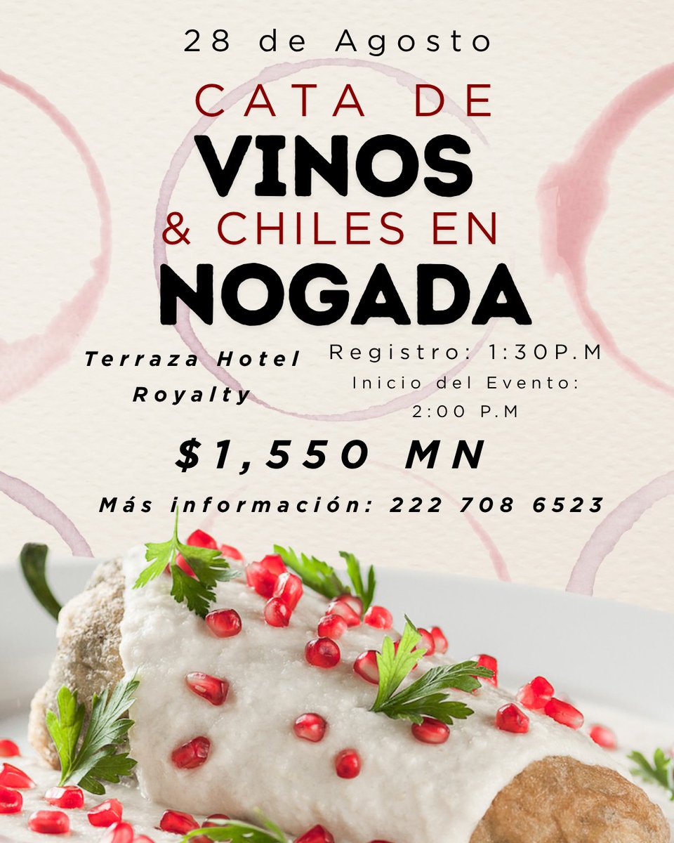 Canacintra Puebla (@canacintrap) on Twitter photo 🍷🌿 CATA DE VINOS & CHILES EN NOGADA 🌶️✨
Este 28 de agosto, celebra lo mejor de la gastronomía poblana con una tarde de maridaje inigualable.
📍 Terraza Hotel Royalty
🕜 Registro: 1:30 PM
🕑 Inicio del evento: 2:00 PM
💵 Costo: $1,550 MN
Una experiencia donde el sabor, la 🍷🌿 CATA DE VINOS & CHILES EN NOGADA 🌶️✨
Este 28 de agosto, celebra lo mejor de la gastronomía poblana con una tarde de maridaje inigualable.
📍 Terraza Hotel Royalty
🕜 Registro: 1:30 PM
🕑 Inicio del evento: 2:00 PM
💵 Costo: $1,550 MN
Una experiencia donde el sabor, la