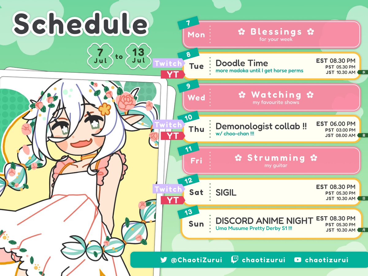 ChaotiZurui's tweet photo. Schedule for this week !!! I WILL be able to play uma musume eventually on stream, but for now i'll make it so you must watch the anime with me !!!! https://t.co/aLIek0qK5m