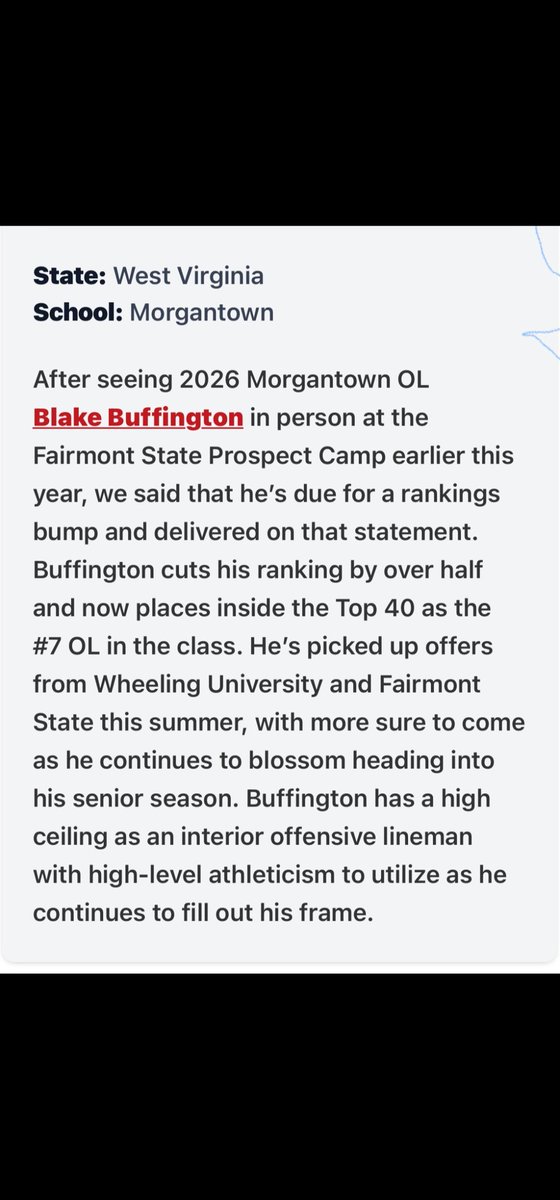 Blake Buffington (@bigbuff70) on Twitter photo Thank you <a href="/PrepRedzoneWV/">Prep Redzone West Virginia</a> for the evaluation!!! <a href="/Akingwvu/">Adam King</a> <a href="/CoachBiserMHS/">Sean Biser</a> <a href="/CoachDell54/">Vincent Delligatti</a> <a href="/jambie0211/">JAMBIE LIVE!</a> <a href="/MohiganFootball/">Morgantown Mohigan Football</a> Thank you <a href="/PrepRedzoneWV/">Prep Redzone West Virginia</a> for the evaluation!!! <a href="/Akingwvu/">Adam King</a> <a href="/CoachBiserMHS/">Sean Biser</a> <a href="/CoachDell54/">Vincent Delligatti</a> <a href="/jambie0211/">JAMBIE LIVE!</a> <a href="/MohiganFootball/">Morgantown Mohigan Football</a>