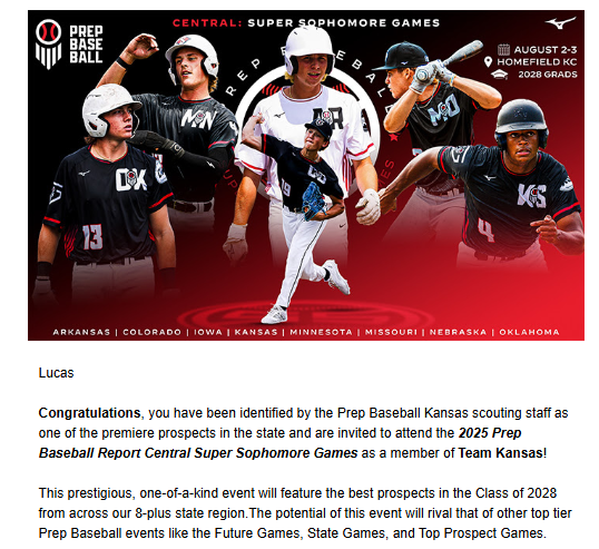 Lucas Kamerzell (@lucask1223) on Twitter photo Excited and Thankful for the opportunity to represent #TeamKansas at the <a href="/prepbaseball/">Prep Baseball</a> Super Sophomore Games in August!
<a href="/calebcox303/">Caleb Cox 🇺🇸</a> <a href="/SportsForceBB/">SportsForce Baseball</a> <a href="/BCbaseballtoday/">Building Champions</a> <a href="/joserp0526/">Jose Pena</a> <a href="/BrooksAsher15/">Brooks Asher</a> <a href="/WowFactorNation/">Wow Factor Baseball</a> <a href="/bryanfr95058638/">bryan freeman</a> <a href="/coach_rod88/">Rod Williams</a> <a href="/BVBaseballCoach/">BV Baseball Coach</a> <a href="/coachsmallbsb/">Tommy Small</a> Excited and Thankful for the opportunity to represent #TeamKansas at the <a href="/prepbaseball/">Prep Baseball</a> Super Sophomore Games in August!
<a href="/calebcox303/">Caleb Cox 🇺🇸</a> <a href="/SportsForceBB/">SportsForce Baseball</a> <a href="/BCbaseballtoday/">Building Champions</a> <a href="/joserp0526/">Jose Pena</a> <a href="/BrooksAsher15/">Brooks Asher</a> <a href="/WowFactorNation/">Wow Factor Baseball</a> <a href="/bryanfr95058638/">bryan freeman</a> <a href="/coach_rod88/">Rod Williams</a> <a href="/BVBaseballCoach/">BV Baseball Coach</a> <a href="/coachsmallbsb/">Tommy Small</a>