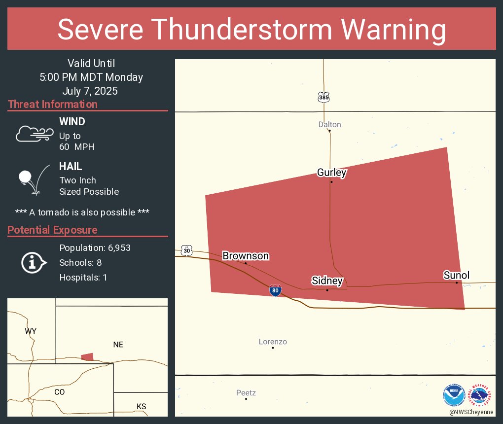 Severe Thunderstorm Warning continues for Sidney NE, Gurley NE and  Sunol NE until 5:00 PM MDT. This storm will contain two inch sized hail!