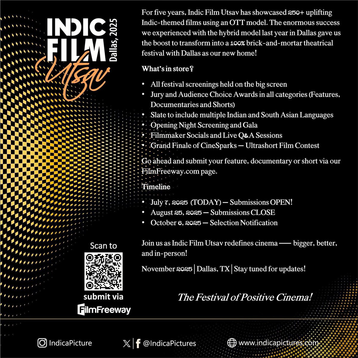 For five years, Indic Film Utsav has showcased 250+ uplifting Indic-themed films using an OTT model. The enormous success we experienced with the hybrid model last year in Dallas gave us the boost to transform into a 100% brick-and-mortar theatrical festival with Dallas as our