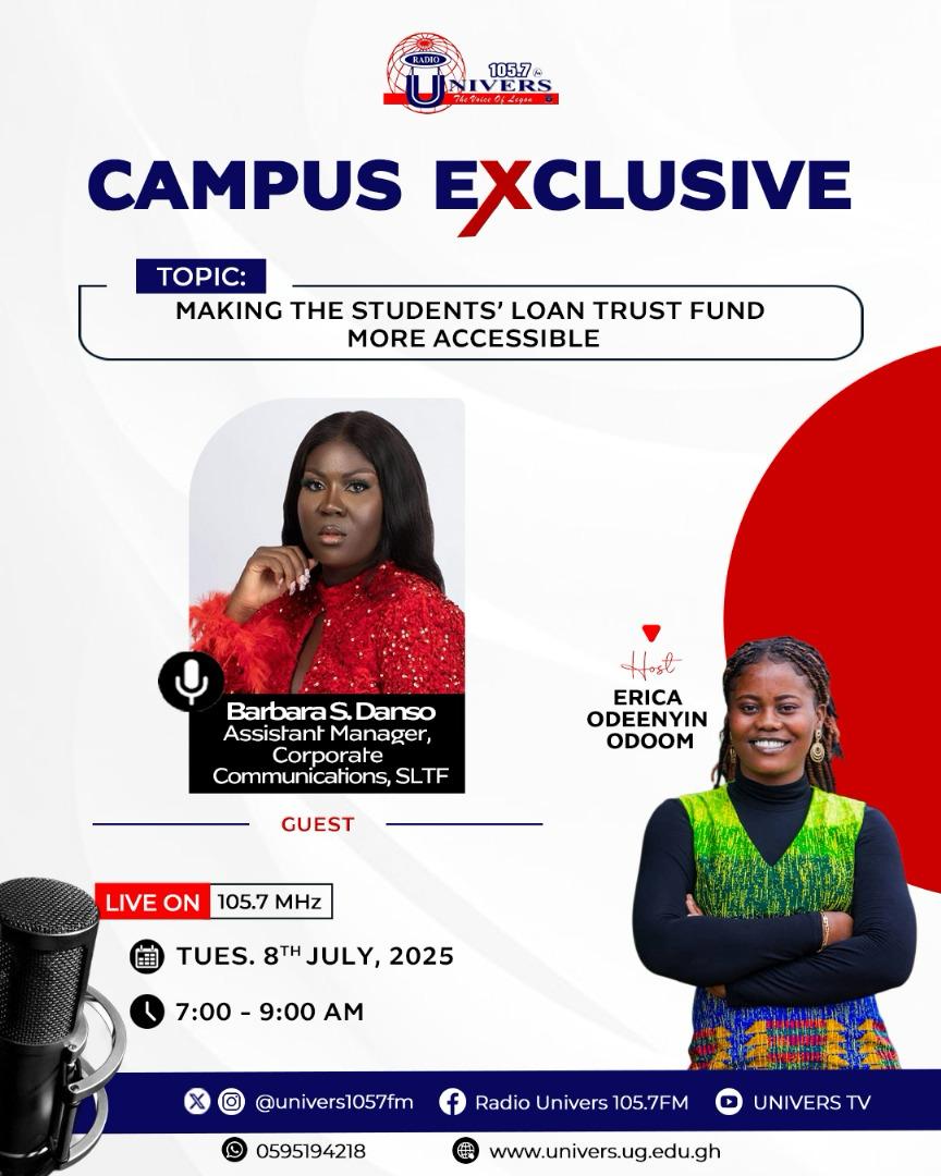 univers1057fm's tweet photo. Tomorrow on #CampusExclusive, we’ll explore ways to end the stigma around mental health on campus, how to make the Students Loan Trust Fund more accessible, and other pressing issues.
Join Erica Odeenyin Odoom on Radio Univers 105.7FM from 7:00–9:00 AM.
#CampEx | #RadioUnivers https://t.co/jHbA7qdx8E