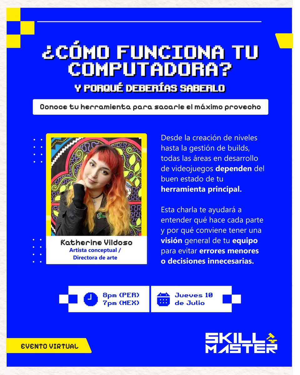 Tu compu es tu herramienta.
¿Sabes cómo cuidarla? ¿Por qué se pone lenta? ¿Qué hacer si no prende? Este jueves, charla para devs, artistas y creativos que quieren dejar de adivinar y empezar a entender.
Con <a href="/ohekate/">Ekate Oh!</a> 

#GameDev #ComputadoraDev #ArteDigital #SkillmasterAcademy