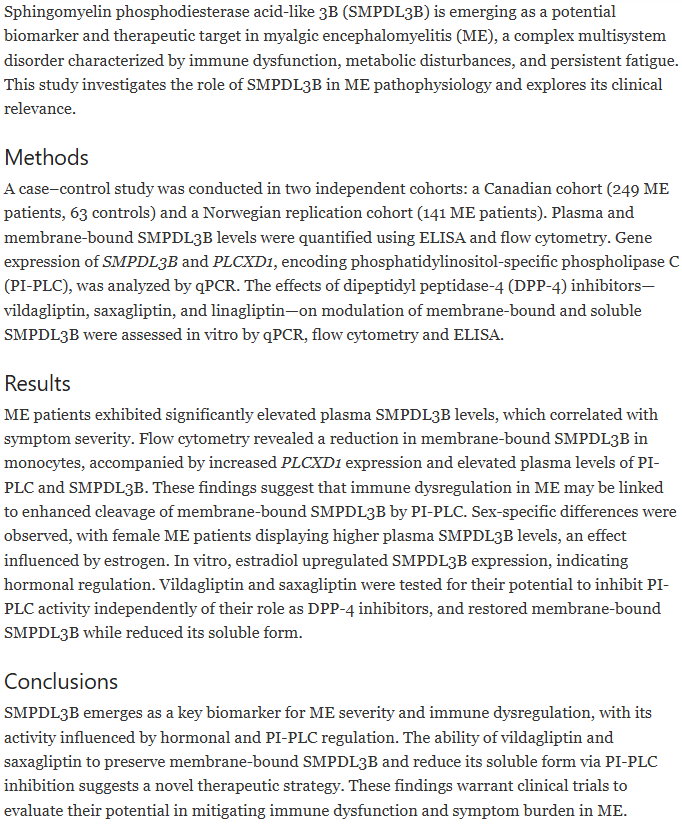 New from Canada &amp; Norway:

SMPDL3B a novel biomarker and therapeutic target in myalgic encephalomyelitis

…nslational-medicine.biomedcentral.com/articles/10.11…

Funded by the Open Medicine Foundation Canada <a href="/OpenmedfCanada/">Open Medicine Foundation Canada</a> <a href="/OpenMedF/">Open Medicine Foundation</a> 

#MEcfs #CFS #PwME