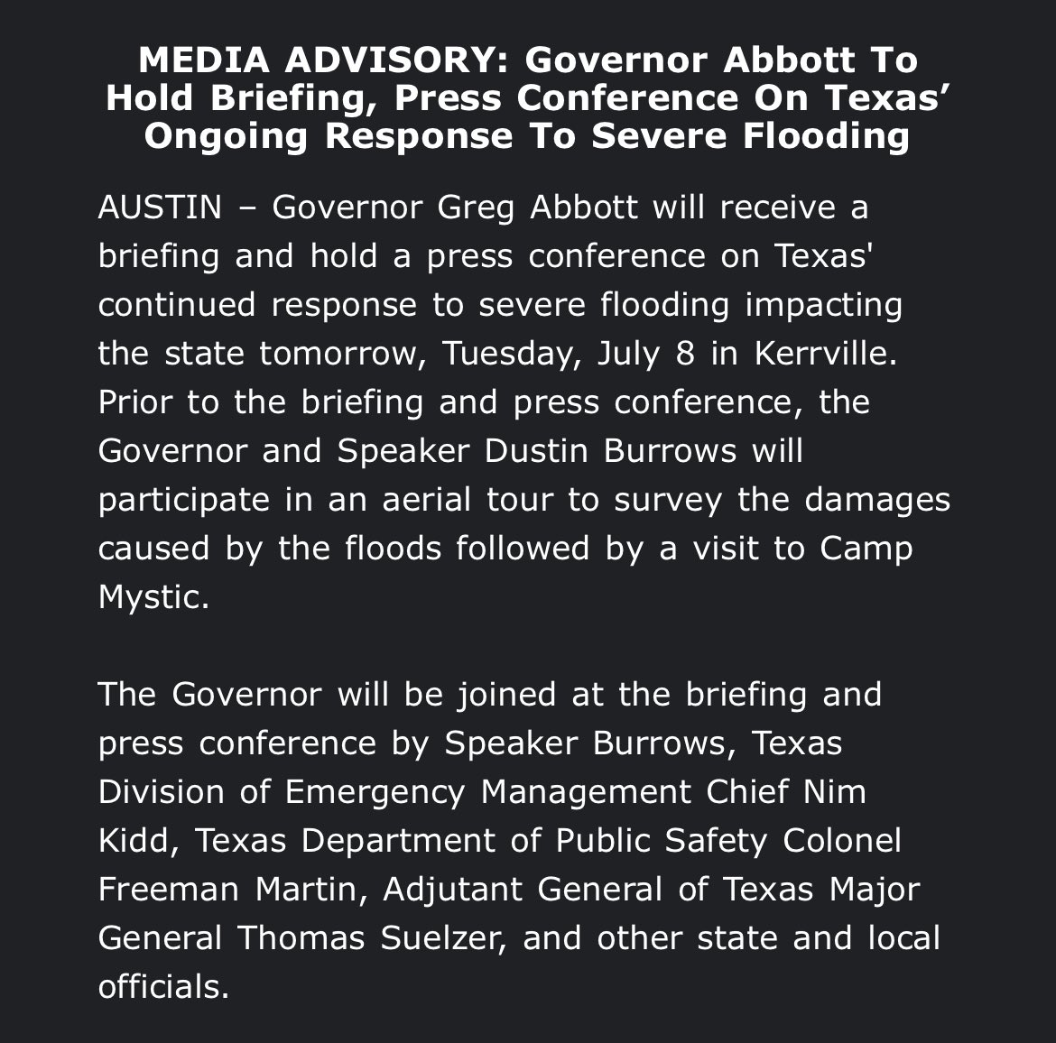Inbox: <a href="/GregAbbott_TX/">Greg Abbott</a> to hold another press conference in Kerrville tomorrow evening, this time alongside <a href="/Burrows4TX/">Dustin Burrows</a> and other state officials. #txlege