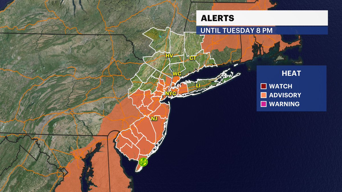 ⚠️Heat Advisory will be in effect for the highlighted areas through 8 PM Tuesday

-🌡️Heat indices for the highlighted areas will be up to 100°
-Be mindful of the hot temperatures and high humidity tomorrow! 

#nywx #njwx #ctwx