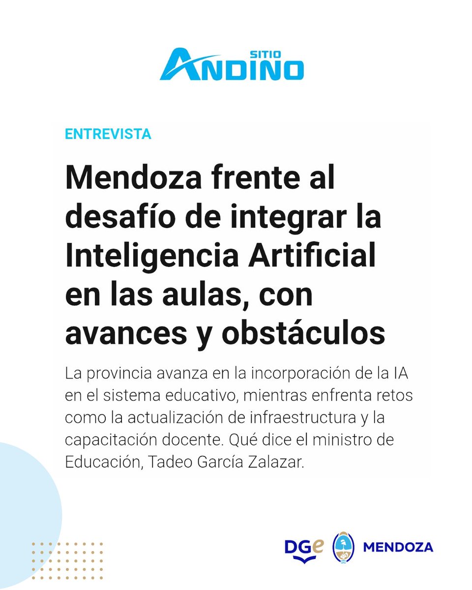 Hablar de inteligencia artificial en las aulas no es futuro, es presente.

Desde Mendoza venimos dando pasos firmes para integrar esta herramienta con propósito pedagógico, cuidando la equidad, la formación docente y el rol irremplazable de la escuela.

La IA no reemplaza a
