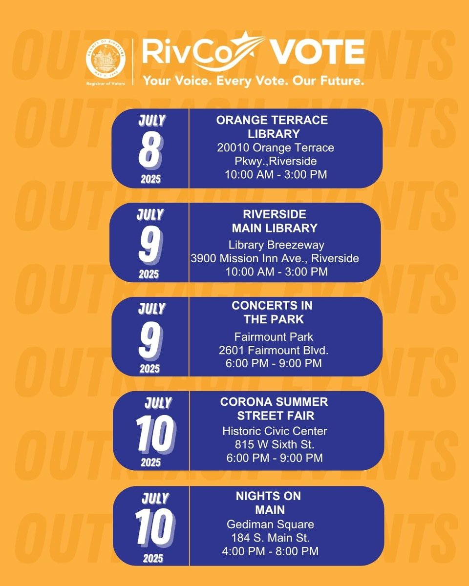 RivCoRegistrar's tweet image. Catch us this week to get all your voting questions answered! We’re bringing resources and info right to you.
---
¡Nos vemos esta semana para obtener respuestas a todas tus preguntas sobre votación! Te llevamos recursos y información directamente a ti.