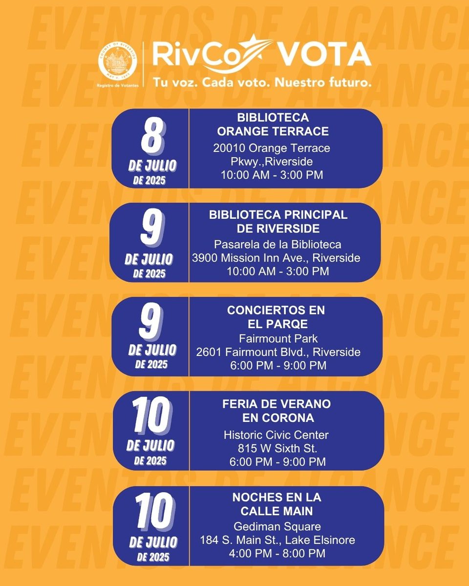RivCoRegistrar's tweet image. Catch us this week to get all your voting questions answered! We’re bringing resources and info right to you.
---
¡Nos vemos esta semana para obtener respuestas a todas tus preguntas sobre votación! Te llevamos recursos y información directamente a ti.