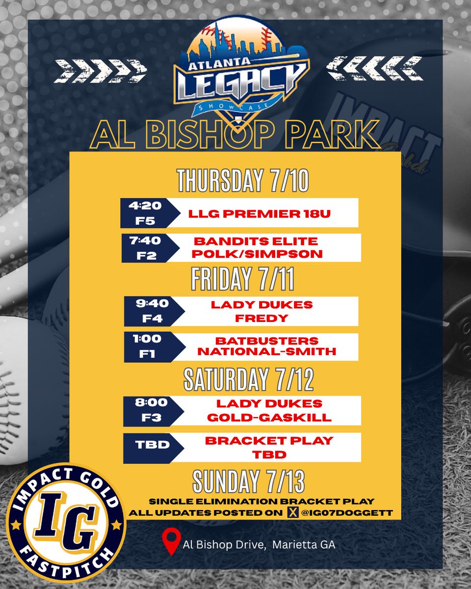 Impact Gold 07 - Doggett (@ig07doggett) on Twitter photo Ready to hit the dirt again at the <a href="/legacyshowcase1/">Atlanta Legacy Showcase</a> at Al Bishop Park! Come check out our few remaining 26s..they won't be available for long! 👀💙💛 <a href="/ImpactGoldOrg/">Impact Gold Fastpitch</a> Ready to hit the dirt again at the <a href="/legacyshowcase1/">Atlanta Legacy Showcase</a> at Al Bishop Park! Come check out our few remaining 26s..they won't be available for long! 👀💙💛 <a href="/ImpactGoldOrg/">Impact Gold Fastpitch</a>
