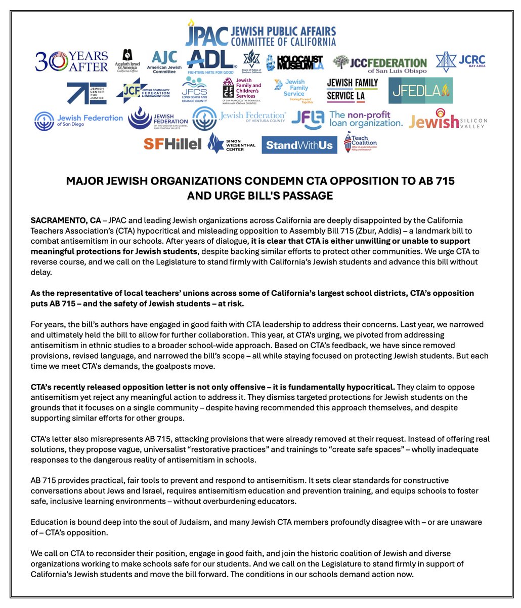 MAJOR JEWISH ORGANIZATIONS CONDEMN CTA OPPOSITION TO AB 715 AND URGE BILL'S PASSAGE

The California Teachers Association is either unwilling or unable to support meaningful protections for Jewish students.

We call on CTA to reconsider their position, and we call on the