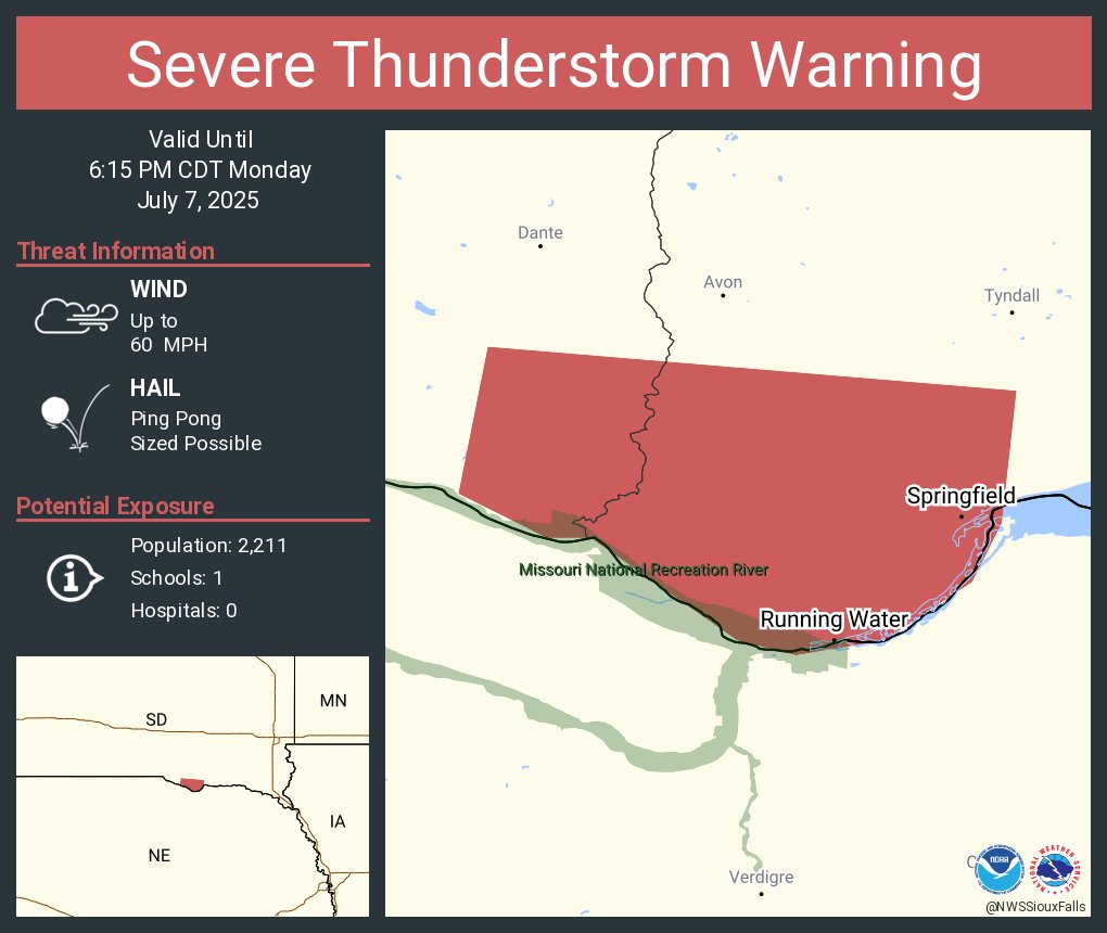 Severe Thunderstorm Warning including Springfield SD and  Running Water SD until 6:15 PM CDT