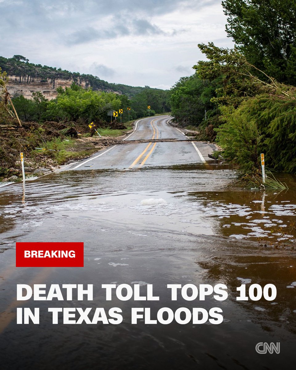 CNN's tweet photo. The death toll has topped 100 in the Texas floods, with 10 children and one counselor from an all-girls summer camp among those still missing https://t.co/eYG2HgQY7l https://t.co/1qhtNPjLnF