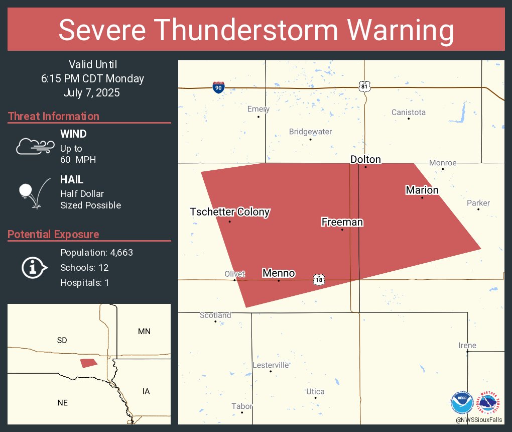 Severe Thunderstorm Warning continues for Freeman SD, Marion SD and  Menno SD until 6:15 PM CDT
