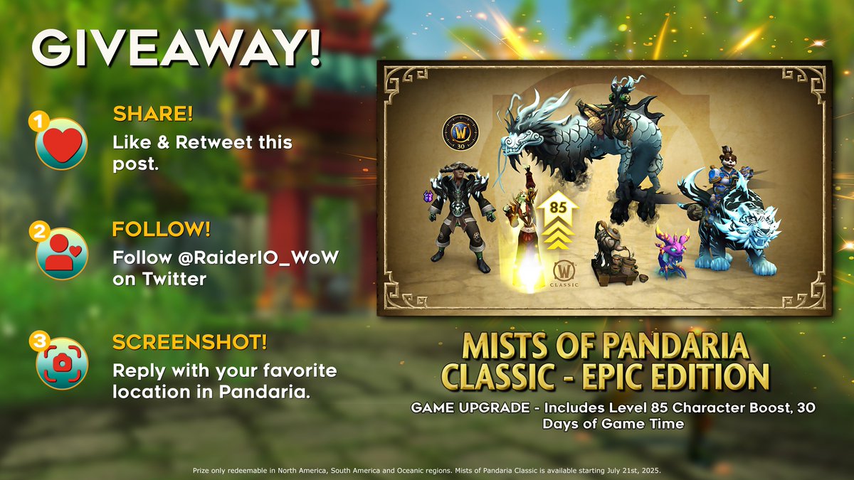 RaiderIO_WoW's tweet image. ✨GIVEAWAY✨
Mists of Pandaria Classic - Epic Edition! 🐼

Get ready in style for MoP's release on July 21st. Reply with a screenshot of your favorite Pandaria location enter! 

*Keys are only redeemable in the Americas and Oceania.

#WoW_Partner #MoPClassic