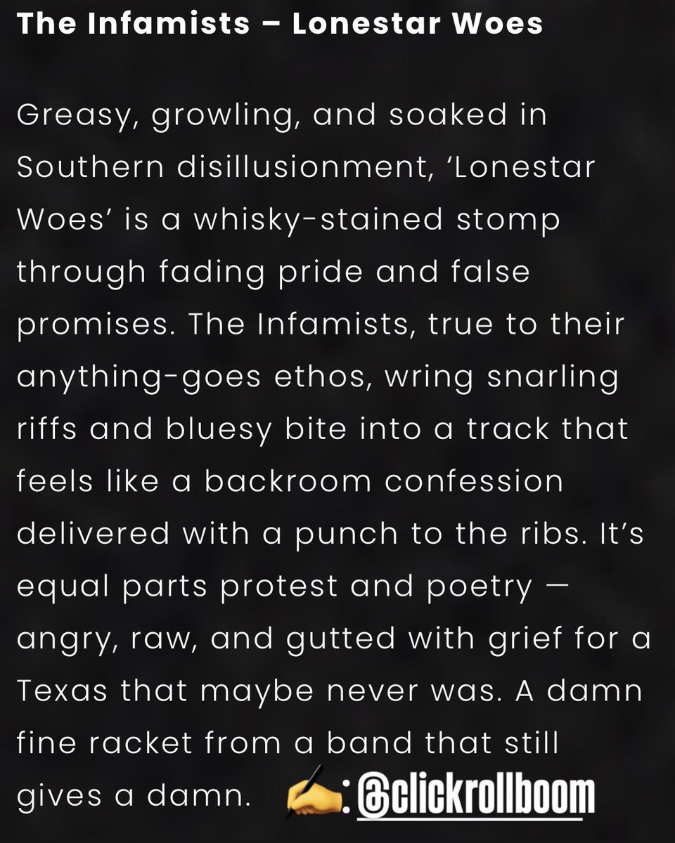 The Infamists (@the_infamists) on Twitter photo Thanks to <a href="/clickrollboom/">Click Roll Boom</a> for giving “Lonestar Woes” a shot! 🤜🤛
#lonestarwoes #singlereview Thanks to <a href="/clickrollboom/">Click Roll Boom</a> for giving “Lonestar Woes” a shot! 🤜🤛
#lonestarwoes #singlereview